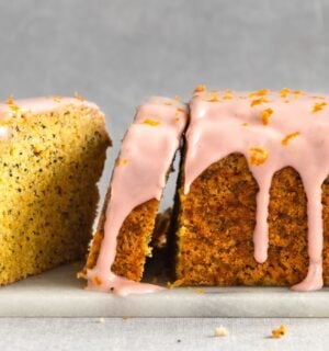 gluten-free poppy seed tea cake with raspberry cream cheese icing
