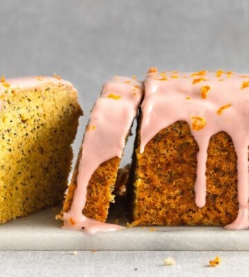 gluten-free poppy seed tea cake with raspberry cream cheese icing