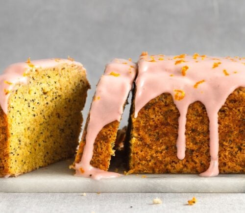 gluten-free poppy seed tea cake with raspberry cream cheese icing