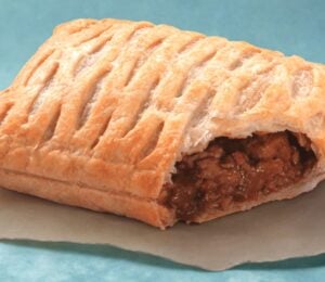 Photo shows a Greggs Vegan Steak Bake, now called "The Vegan Lattice"