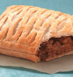 Photo shows a Greggs Vegan Steak Bake, now called "The Vegan Lattice"