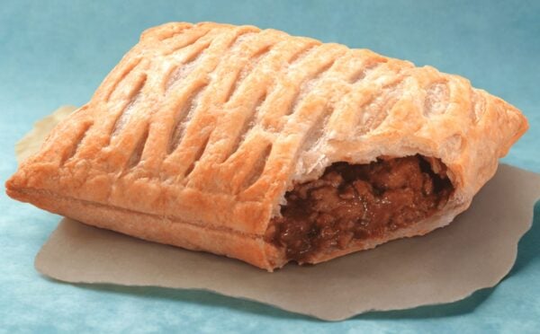 Photo shows a Greggs Vegan Steak Bake, now called "The Vegan Lattice"