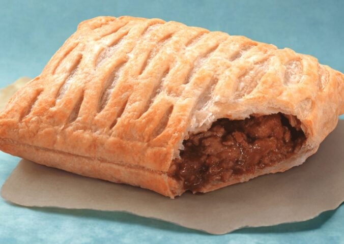 Photo shows a Greggs Vegan Steak Bake, now called "The Vegan Lattice"