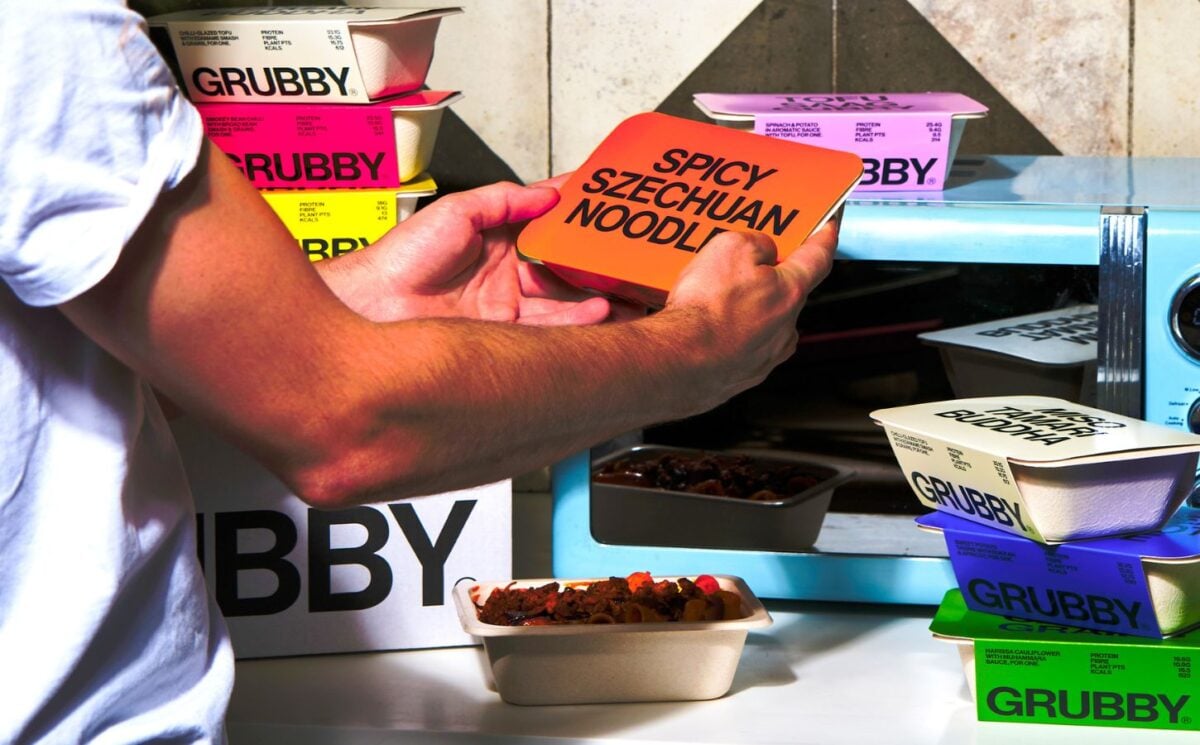 Photo shows the upcoming vegan frozen ready meal range from GRUBBY, featuring vegan recipes from Allplants