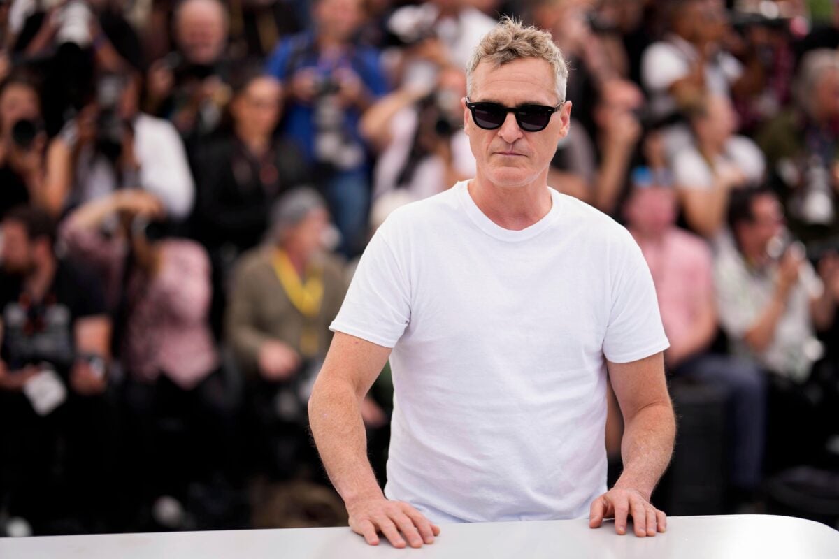 Photo shows Joaquin Phoenix at the photo call for his new film, 'Eddington,' at the 78th Cannes film festival in France