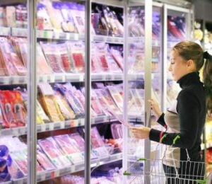 Photo shows a young woman looking at the cured and pre-cooked meat section in a supermarket