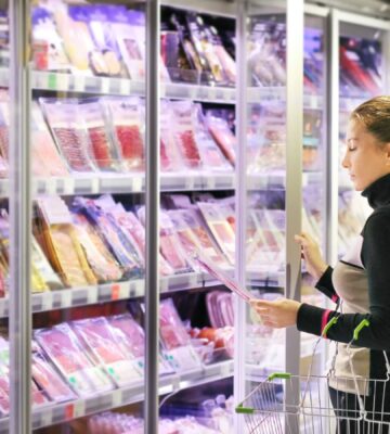 Photo shows a young woman looking at the cured and pre-cooked meat section in a supermarket