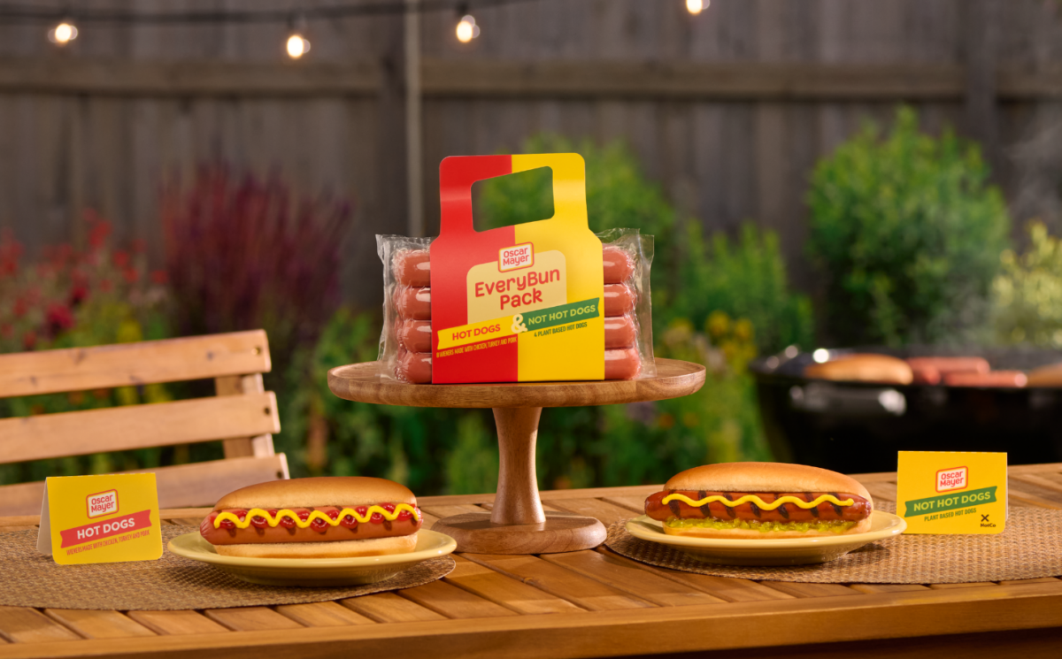 Photo shows a pack of Oscar Mayer's new "EveryBun" product, which includes both plant-based and meat-based hot dogs