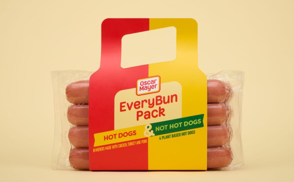 Photo shows a pack of Oscar Mayer's new "EveryBun" product, which includes both plant-based and meat-based hot dogs