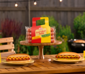 Photo shows a pack of Oscar Mayer's new "EveryBun" product, which includes both plant-based and meat-based hot dogs