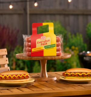 Photo shows a pack of Oscar Mayer's new "EveryBun" product, which includes both plant-based and meat-based hot dogs
