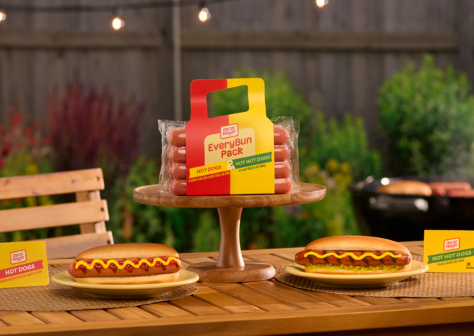 Photo shows a pack of Oscar Mayer's new "EveryBun" product, which includes both plant-based and meat-based hot dogs