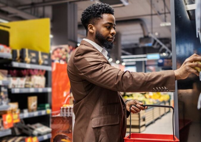 Photo shows a shopper in the supermarket, holding a basket and about to take an item off the shelf