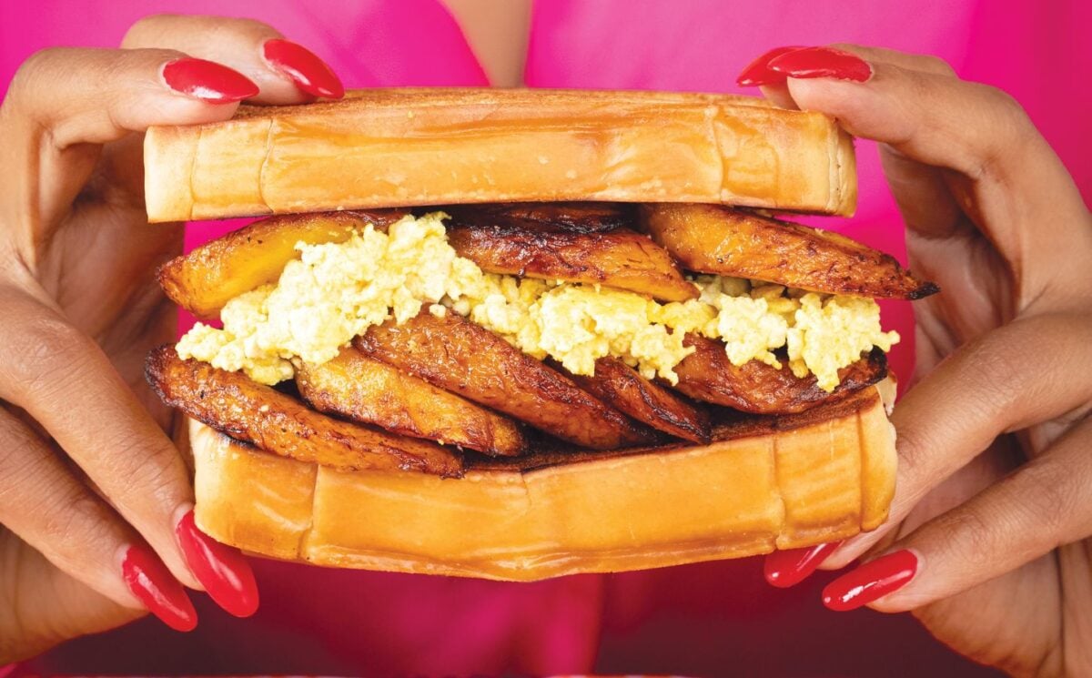 tropical plantain and egg breakfast sandwiches with tofu 'egg' for high-protein vegan comfort food recipes