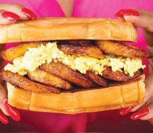 tropical plantain and egg breakfast sandwiches with tofu 'egg' for high-protein vegan comfort food recipes
