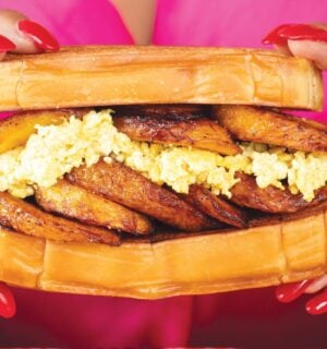 tropical plantain and egg breakfast sandwiches with tofu 'egg' for high-protein vegan comfort food recipes