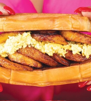 tropical plantain and egg breakfast sandwiches with tofu 'egg' for high-protein vegan comfort food recipes