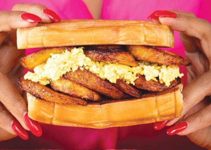 tropical plantain and egg breakfast sandwiches with tofu 'egg' for high-protein vegan comfort food recipes