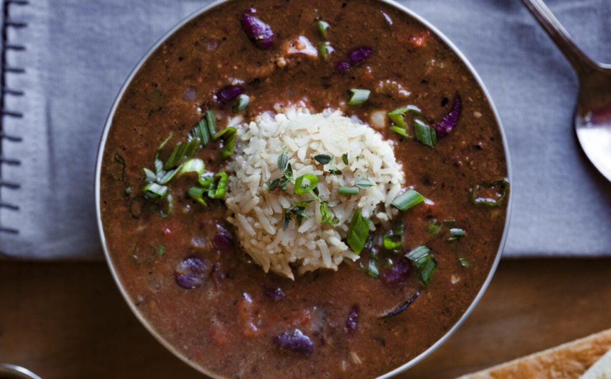 weeknight red beans and rice with Cajun flavoring in a bowl for high-protein vegan comfort food recipes