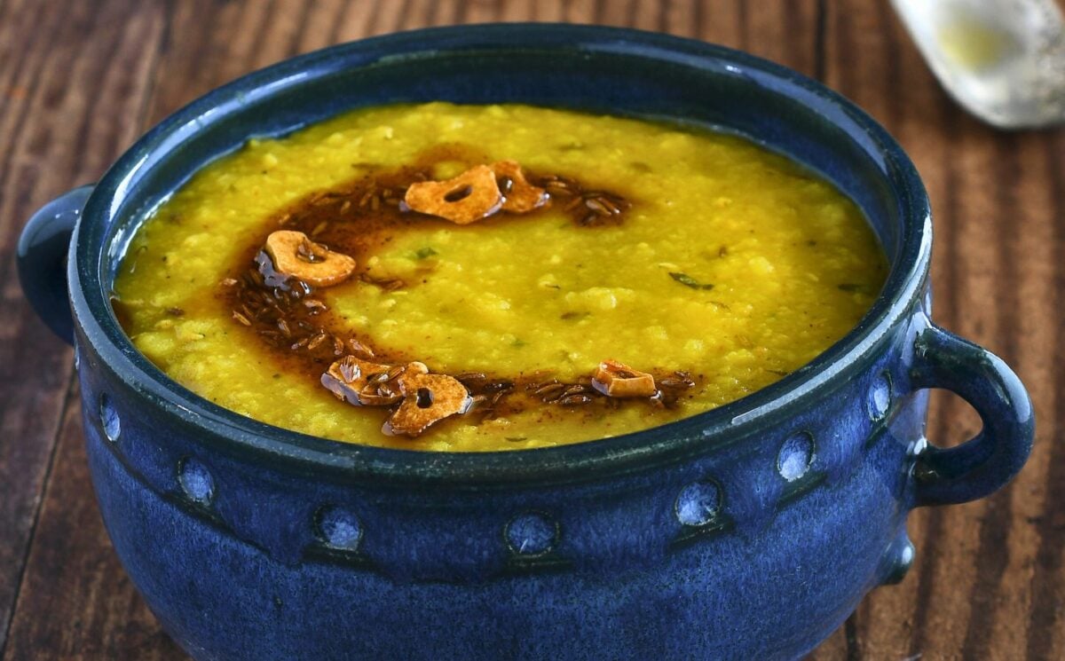 red lentil dhal with mint and garlic made in an Instant Pot