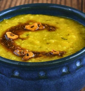 red lentil dhal with mint and garlic made in an Instant Pot