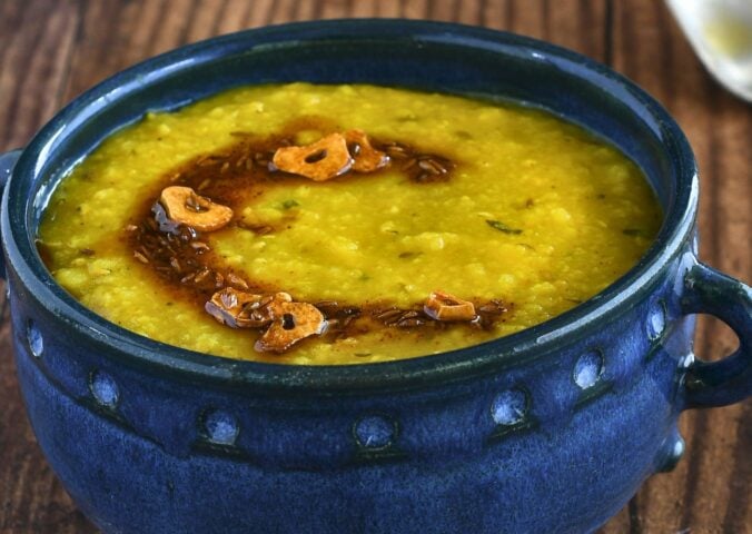 red lentil dhal with mint and garlic made in an Instant Pot