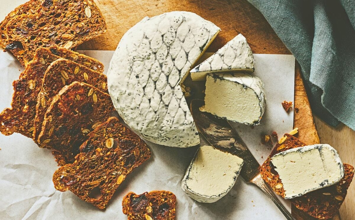 A wheel of snow white rind vegan cheese like brie or camembert