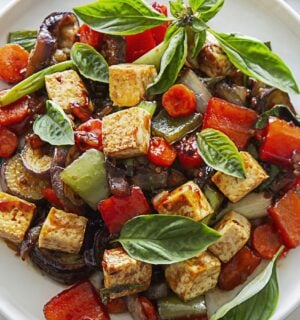 vegan spicy eggplant with tofu, chinese aubergine, peppers, and Thai basil