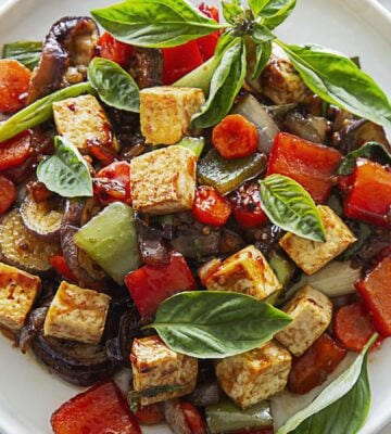 vegan spicy eggplant with tofu, chinese aubergine, peppers, and Thai basil