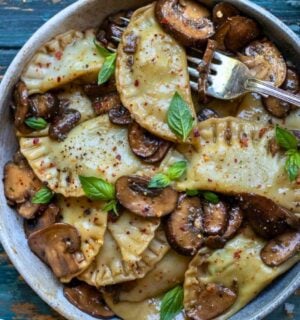tofu ricotta ravioli with a creamy mushroom sauce
