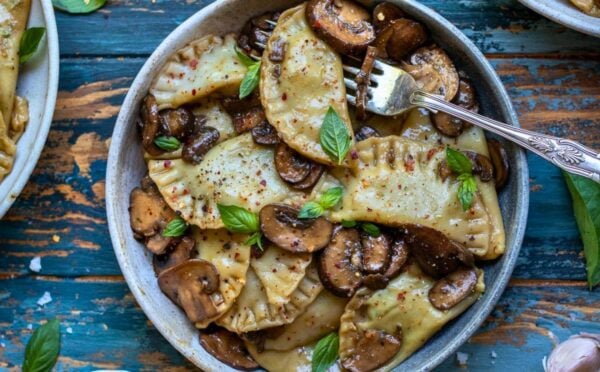 tofu ricotta ravioli with a creamy mushroom sauce