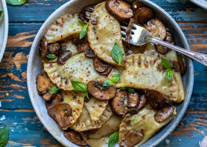 tofu ricotta ravioli with a creamy mushroom sauce