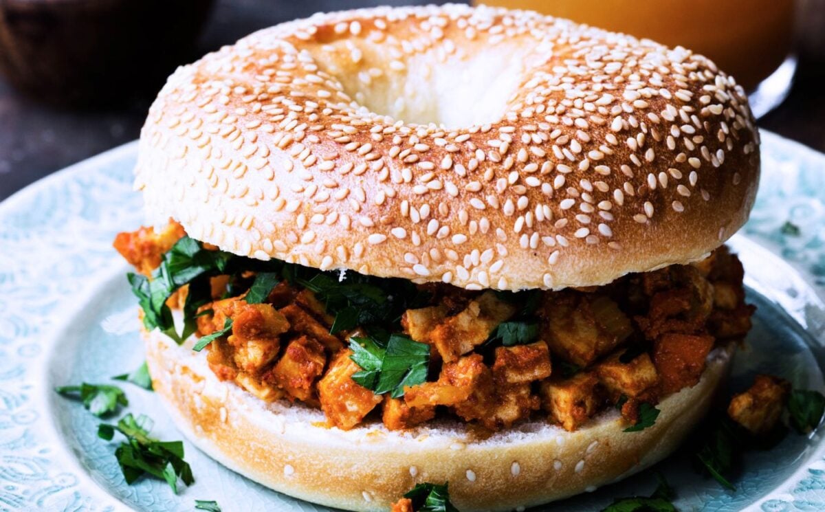 tofu taste cubes on a seeded bagel for innovative ways to use tofu