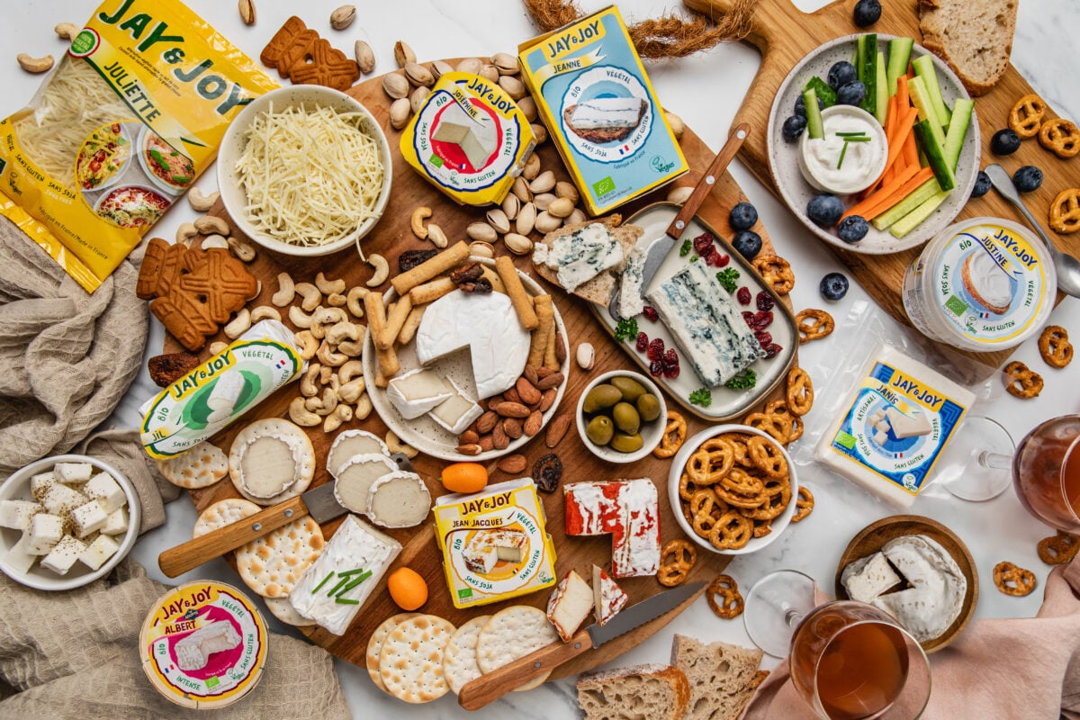 Photo shows the full range of Jay & Joy vegan cheeses
