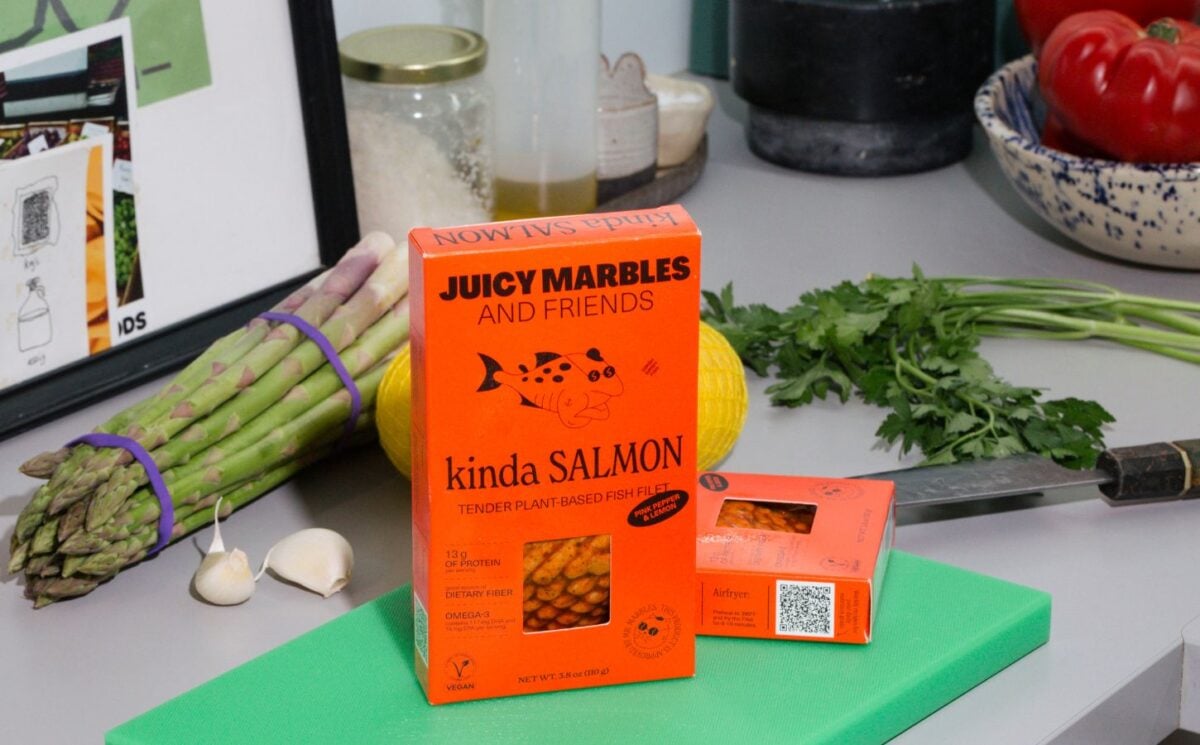 Photo shows the packaging of the new Juicy Marbles & Friends plant-based salmon product