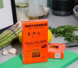 Photo shows the packaging of the new Juicy Marbles & Friends plant-based salmon product