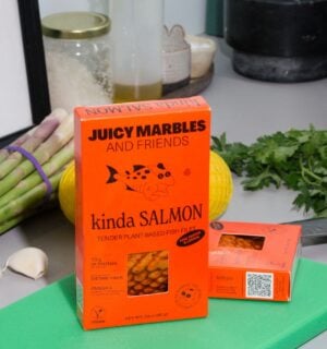 Photo shows the packaging of the new Juicy Marbles & Friends plant-based salmon product