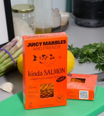 Photo shows the packaging of the new Juicy Marbles & Friends plant-based salmon product