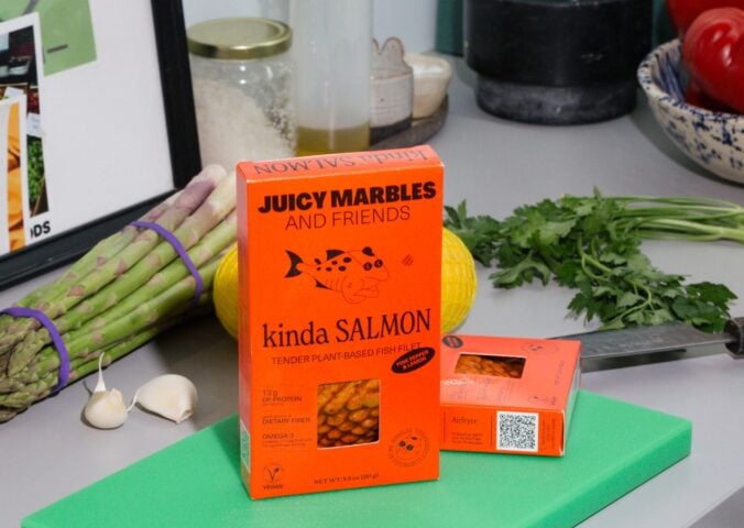 Photo shows the packaging of the new Juicy Marbles & Friends plant-based salmon product