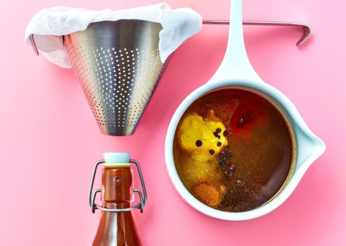 vegan Worcester sauce with molasses, vinegar, and soy sauce or tamari