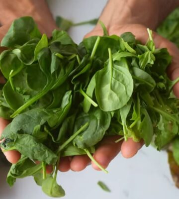 Dr Rupy holds a bunch of spinach in his hands, with kale and other leafy greens on the table below him, some of the top foods that fight inflammation