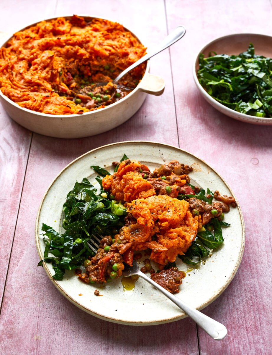 lentil and sweet potato cottage pie served with stir-fried greens