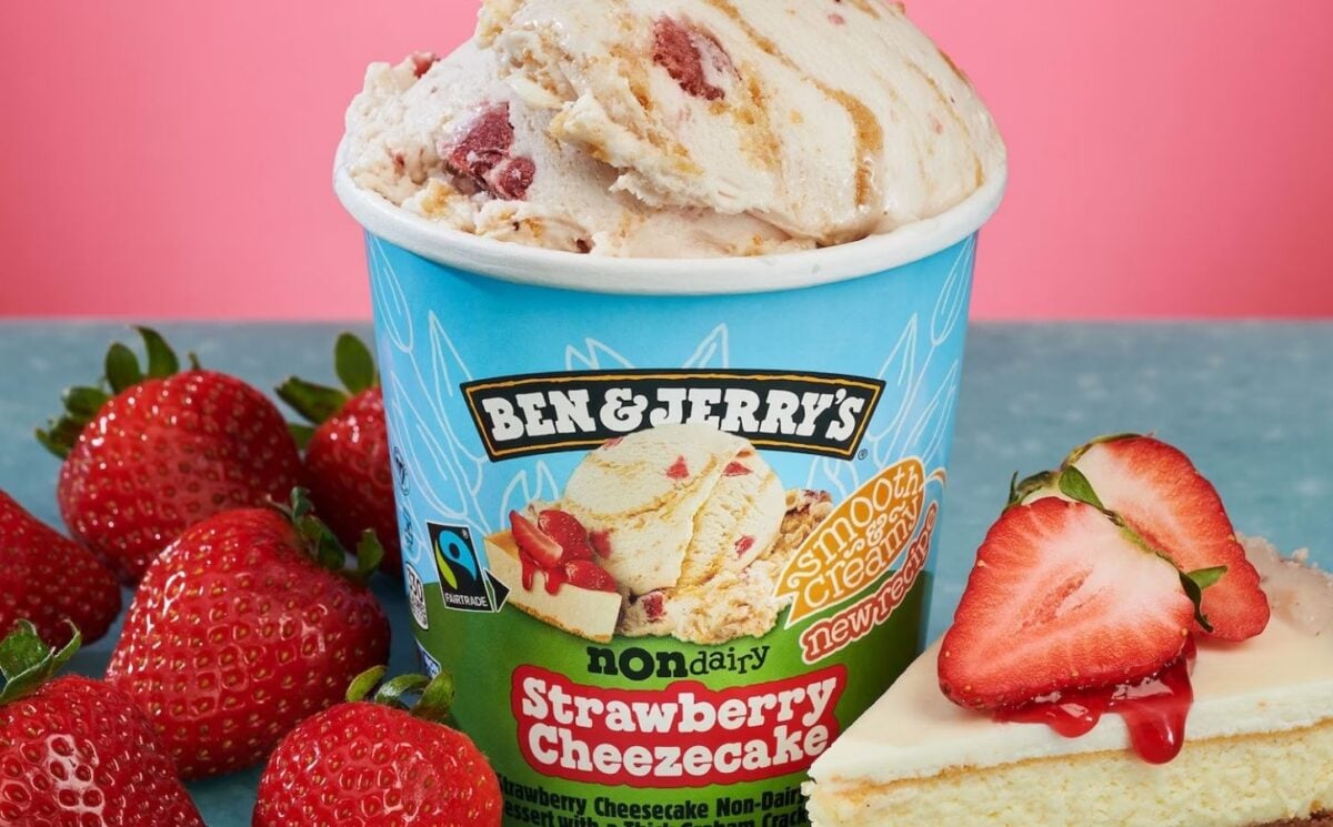 Photo shows one of the more recent plant-based Ben & Jerry's flavors, Strawberry Cheezecake, launched in January 2024