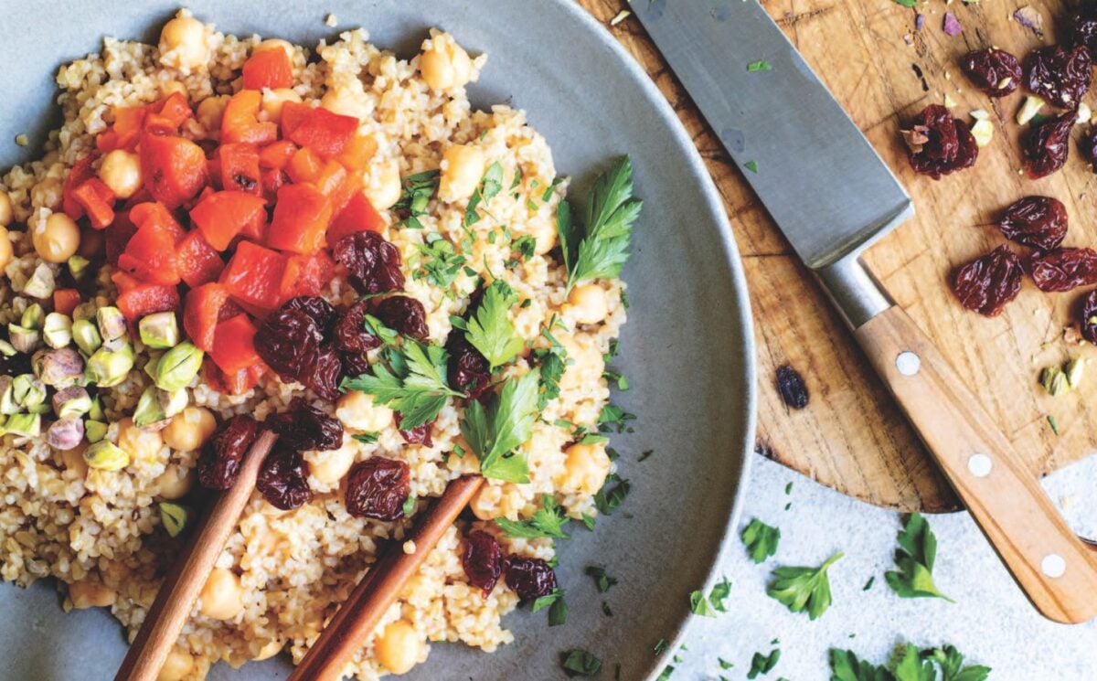 bulgur salad with peppers, chickpeas, and pistachios with dried tart cherries