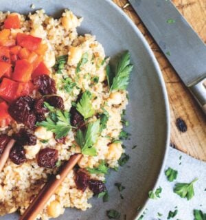 bulgur salad with peppers, chickpeas, and pistachios with dried tart cherries