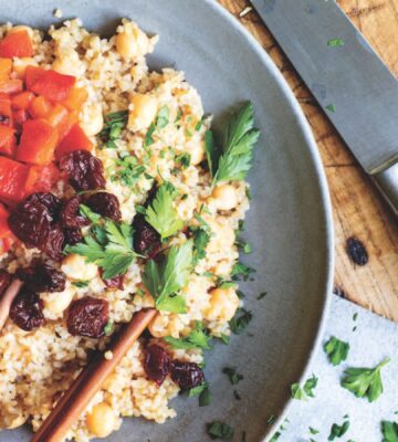 bulgur salad with peppers, chickpeas, and pistachios with dried tart cherries