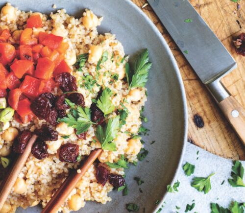 bulgur salad with peppers, chickpeas, and pistachios with dried tart cherries