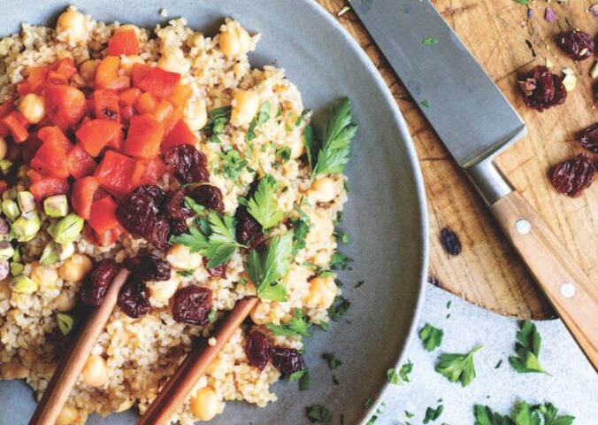 bulgur salad with peppers, chickpeas, and pistachios with dried tart cherries