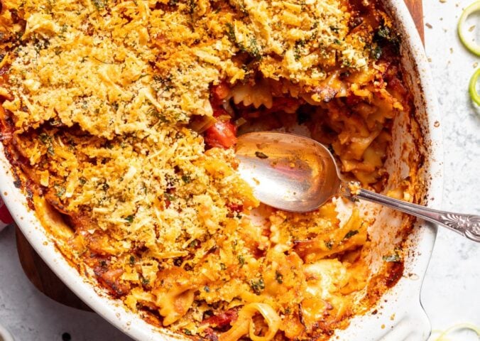 A cheesy smoky leek pasta bake for recipes that use September produce