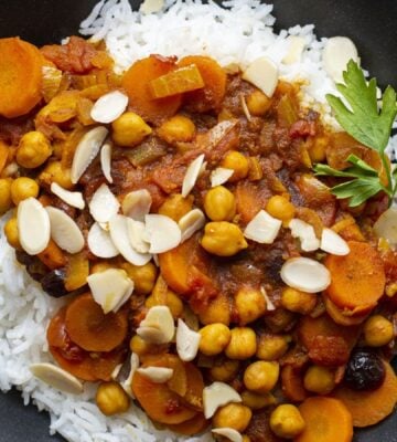 chickpea Moroccan stew with almonds and dried cherries for warming stew recipes